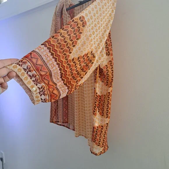 JOIE Orange Abstract Print Semi Sheer V-neck Blouse - Picture 3 of 5